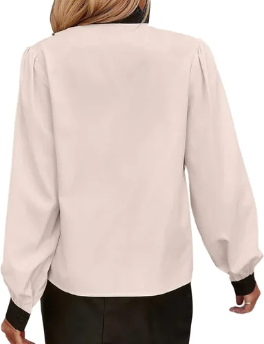 Vista 2 de Avanova - Camisas de manga larga abullonada con cuello de lazo para mujer, blusas casuales de trabajo