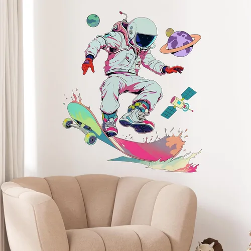 Vista 3 de Calcomanía de pared de astronauta de patinadora genial, calcomanía de pared para niños y niños, extraíble, despegar y pegar, arte de pared