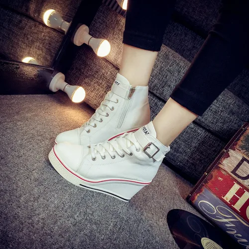 Vista 8 de Zapatos deportivos de tacón alto para mujer, zapatos de lona de moda de tubo alto, con cordones, borde de cuña, cremallera, ángulo, talla 4-11