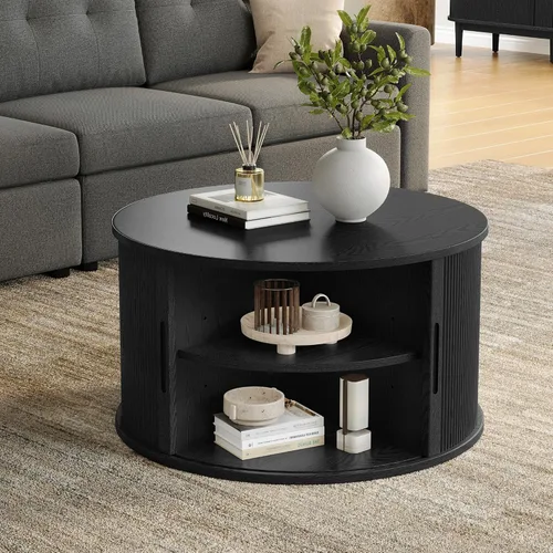 Vista 2 de LINSY HOME - Mesa de centro redonda, mesa de centro de 31.5" con puerta de tambor deslizante, mesa auxiliar acampanada con almacenamiento, mesa