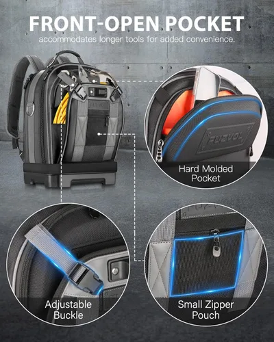 Vista 6 de Mochila de herramientas con compartimento para portátil, bolsa de herramientas completamente abierta, bolsas de herramientas HVAC, mochila