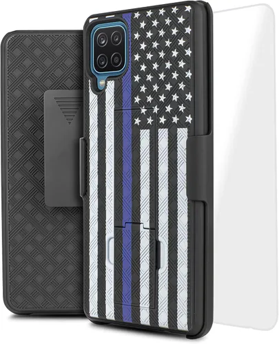 Vista 8 de Para Samsung Galaxy A12, con carcasa combinada de vidrio templado y funda delgada con soporte incorporado + clip giratorio para cinturón para Galaxy