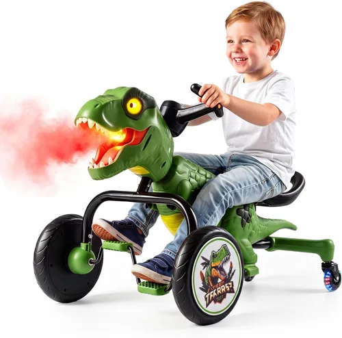 Vista 10 de Costzon Dinosaur Kids Pedal Car Go Kart con luces, rocío de niebla Marrón