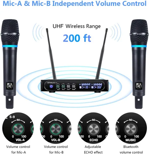 Vista 2 de S9 UHF Sistema de micrófono inalámbrico recargable para karaoke, micrófono inalámbrico dual con caja receptora Bluetooth + control de volumen ECHO