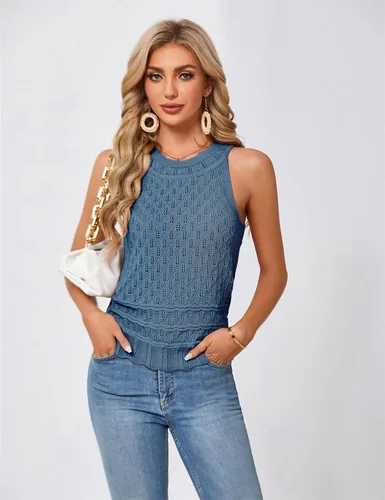 Vista 3 de JASAMBAC Suéter sin mangas para mujer, cuello redondo, ahuecado, elástico, recortado, suéter de punto
