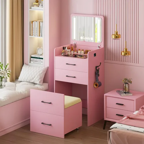 Vista 8 de HNEBC - Escritorio de tocador 3 en 1 con espejo LED con tapa abatible para dormitorio, color rosa