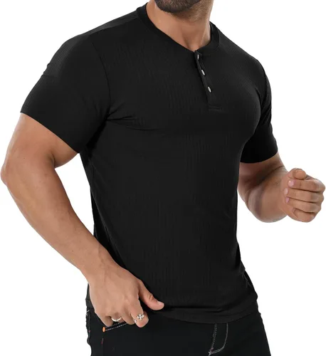 Vista 2 de DISLANBO Camisas Henley para hombre, de verano, casual, ajustadas, básicas, de manga corta, a la moda