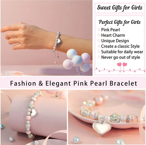 Vista 4 de Jeka Pulseras de diamantes de imitación para niñas de flores, pulseras con dije de corazón de perlas rosadas, pulseras de regreso a la escuela