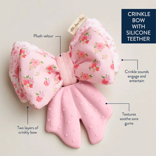 Vista 3 de Itzy Ritzy Juguete Mordedor Crinkle – El juguete de dentición con lazo incluye silicona, terciopelo y material crinkle; cuenta con múltiples