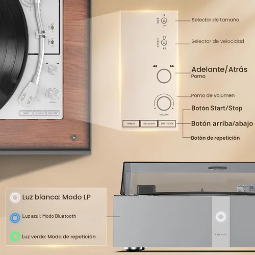 Vista 3 de 1 BY ONE Tocadiscos totalmente automático, tocadiscos de vinilo todo en uno con función de repetición automática, control remoto, altavoces