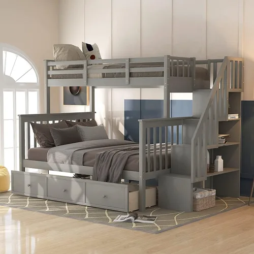 Vista 10 de Harper & Bright Designs Literas de madera de tamaño matrimonial sobre matrimonial, literas de madera con techo y barandilla de protección para Gris