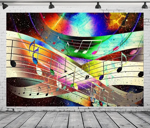 Vista 2 de BELECO Telón de fondo multicolor de notas musicales de 5 x 3 pies; boda, cumpleaños, sesión de fotos de recién nacidos, fiesta de vacaciones