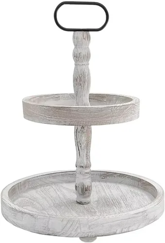 Vista 8 de Soporte de bandeja de 2 niveles para decoración del hogar, bandeja escalonada de madera para centro de mesa de cafetería, kit de bandejas Marrón