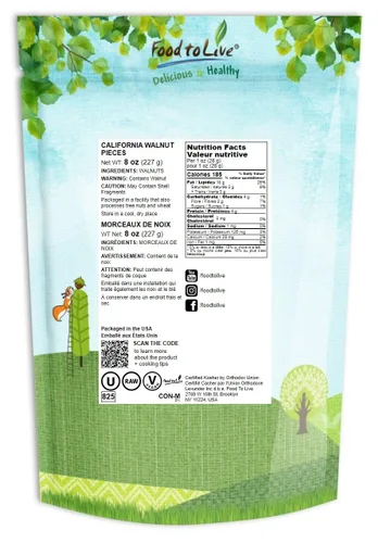 Vista 2 de Food to Live Piezas de nogal de California, 8 onzas, nueces picadas, sin cáscara, crudas, sin sal, veganas, a granel. Buena fuente de proteínas