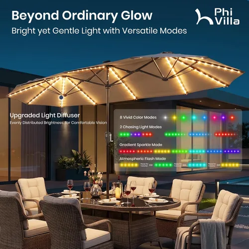 Vista 2 de PHI VILLA - Sombrilla para patio de 13 pies con luces LED de 120 piezas con alimentación solar que cambian de color, sombrilla grande de triple Beige