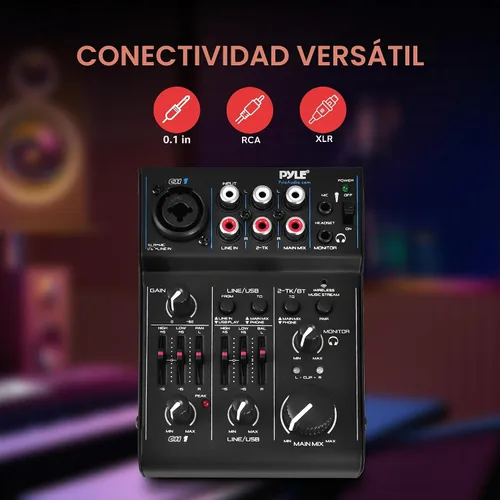 Vista 4 de Pyle Mezclador de audio Bluetooth de 3 canales - Controlador de sonido DJ e interfaz de tarjeta de sonido USB para grabación de PC, entrada XLR