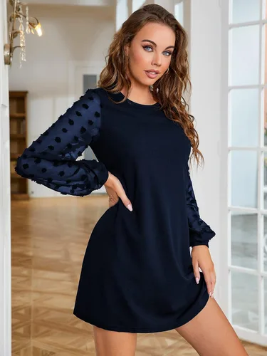 Vista 5 de SweatyRocks Vestido Mini Corto de Línea A de Manga Larga con Malla Elegante y Contraste para Mujer Azul marino