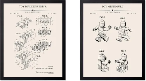 Vista 23 de Monem Art - Póster de 2 piezas con diseño de ladrillos - Estampado de patentes de bloques de construcción - Arte de ladrillos de construcción