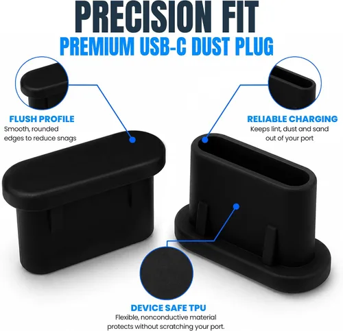 Vista 5 de Tapones antipolvo USB C, paquete de 10 con cepillo de limpieza, cubiertas Negro