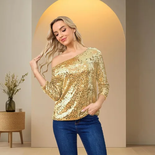 Vista 4 de Camiseta sin mangas con lentejuelas brillantes y hombros descubiertos para mujeres, Blusa, Camiseta para cóctel, informal, con lentejuelas