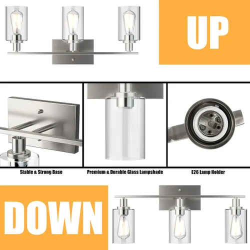 Vista 7 de Tangkula Lámparas de tocador de baño de 3 luces, apliques de pared modernos con pantalla de vidrio transparente con base E26, iluminación de pared
