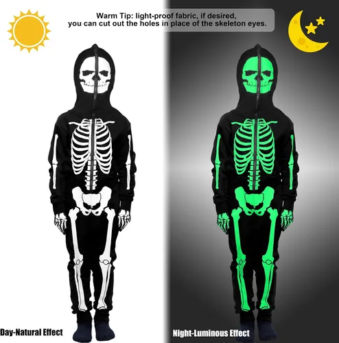 Vista 4 de SOMSOC Disfraz de esqueleto de Halloween para niños, disfraz de esqueleto brillante para Halloween, guantes de esqueleto que brillan en la oscuridad