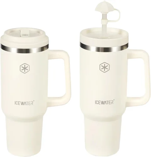 Vista 10 de ICEWATER Vaso de 40 oz con 2 tapas (abatible y pajita estándar), 100% a prueba de fugas, vaso aislado con asa, compatible con portavasos, botella
