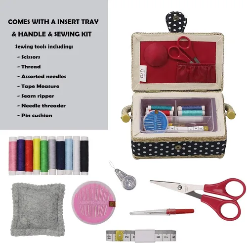 Vista 2 de Cesta de coser con kit de costura. Pequeña caja de costura organizadora con mini kits de costura para niños, principiantes y regalo, Negro