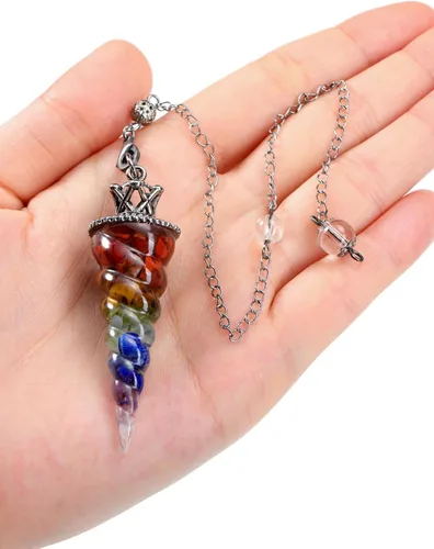 Vista 3 de Jovivi Péndulos naturales de cristal de 7 chakras para radiestesia de adivinación, corona de cono de espiral, péndulo puntiagudo con cadena, piedras