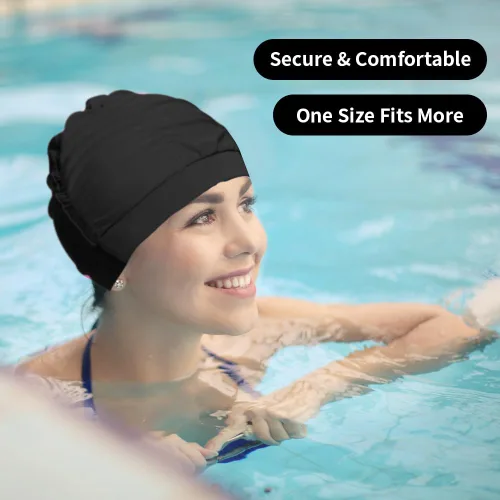 Vista 2 de 2 gorras de natación de tela para mujer, tela duradera, no impermeable, elástica, gorra de baño para cabello largo