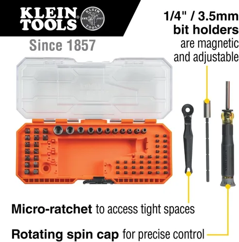 Vista 2 de Klein Tools 32787 Juego de destornilladores de precisión con micro-trinquete de 64 piezas con estuche modular, magnético, precisión, puntas estándar