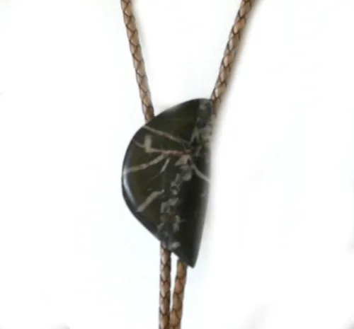 Vista 5 de Bolo Tie with an Irregular Shaped Piece of Maroon Jasper with Tan-Grey Lines "Chinese Writing" on Leather cord with Sterling Silver Tips