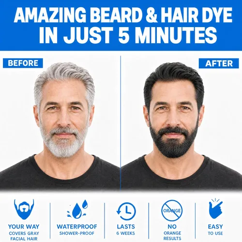 Vista 2 de Champú de tinte para barba y cabello negro para hombre 3 en 1, colorante herbario de larga duración para cabello gris, bigote y barba en minutos