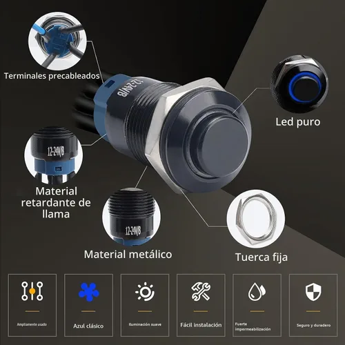 Vista 4 de STARELO 5 piezas Interruptor de botón LED momentáneo de 12 mm con carcasa negra y pre-cableado, interruptor de botón a prueba de agua IP65, 1NO 1