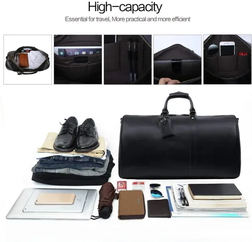 Vista 12 de Leathario Bolsa de viaje de cuero genuino para el fin de semana de la noche para los hombres, equipaje de mano, Negro-S, Pequeña, Vintage