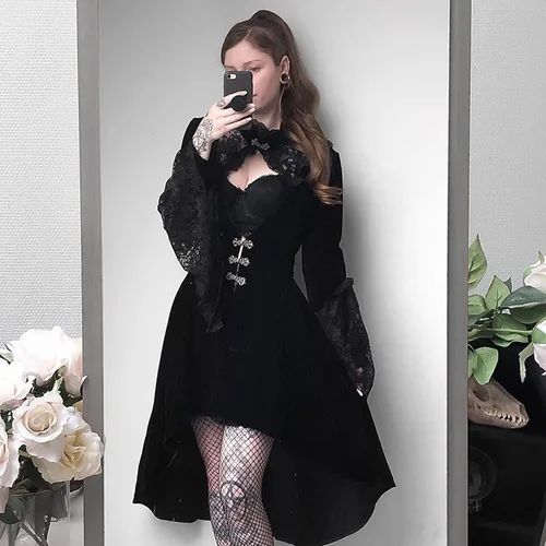 Vista 4 de Vestido gótico sexy para mujer, disfraz de noche de discoteca, cuello hueco, vestido de manga larga, vestido de encaje con dobladillo alto y bajo