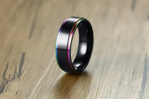 Vista 5 de MPRAINBOW Anillo de boda personalizado de acero inoxidable de 0.236in, anillo de arco iris grabado personalizado, anillo de compromiso de boda