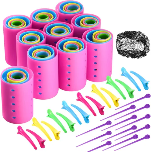 Vista 10 de WILLBOND El juego de 141 rodillos para el cabello incluye rodillos de plástico con alfileres y clips (azul bebé)