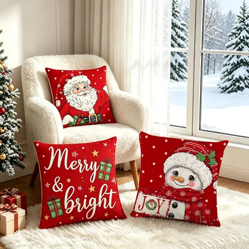 Vista 7 de Juego de 4 fundas de almohada rojas de 18 x 18 pulgadas, diseño de Papá Noel, muñeco de nieve, Feliz Navidad, para sofá, decoración de vacaciones