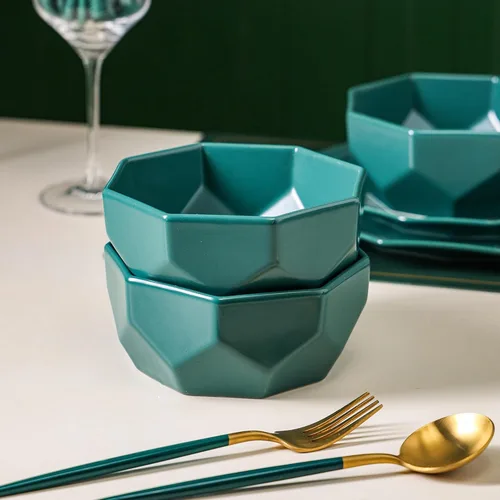 Vista 6 de Stone + Lain Jamie - Juego de vajilla geométrica de porcelana de 16 piezas, color verde Amarillo