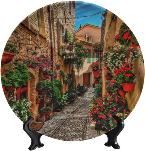 Vista 64 de Plato decorativo colgante de cerámica con temática de paisaje, plato decorativo redondo de plantas en maceta, con soporte decorativo, para sala