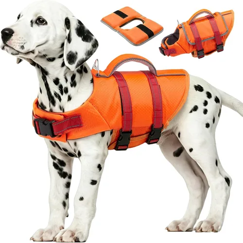 Vista 29 de EMUST Chalecos salvavidas ajustables para perros pequeños con flotabilidad mejorada, chaleco de natación pequeño con asa de rescate duradera