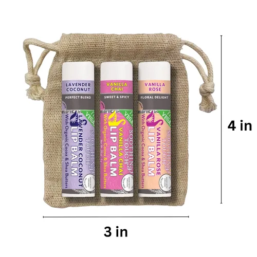 Vista 6 de Juego de bálsamo labial vegano – Paquete de 6 bálsamos labiales de tacto relajante. Incluye bolsa de muselina y soporte para bálsamo labial Blanco