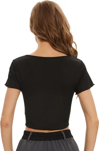 Vista 5 de Top corto básico de manga corta con cuello redondo fruncido para mujer