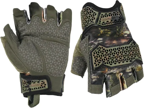Vista 9 de HANDLANDY Guantes tácticos de impacto sin dedos para hombre, guantes de trabajo con agarre acolchado de medio dedo, guantes de conductor de Verde