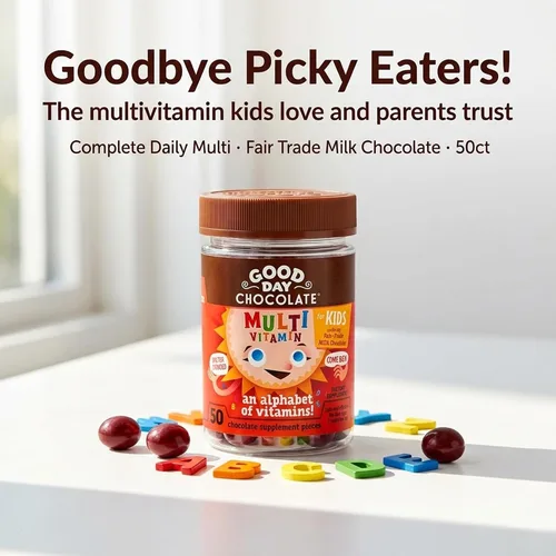 Vista 4 de Good Day Chocolate Multivitamínico completo para niños, suplemento diario de vitaminas A, B6, B12, C, D, E, folato y biotina, chocolate de comercio