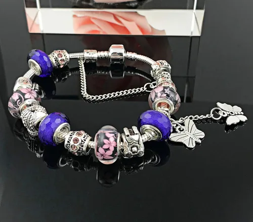 Vista 6 de Butterfly Charms Bracelet for Women Murano Glass Beads Flower DIY Charms Bracelets Birthday Gifts