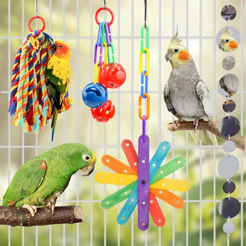 Vista 7 de QUOZUO Juguetes para pájaros pequeños, accesorios de jaula de periquitos, juguetes de periquitos, juguete masticable colgante de pie, juguetes