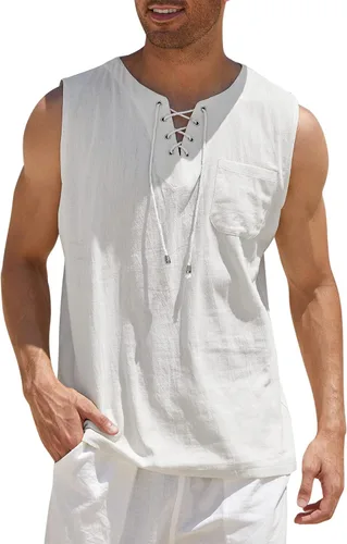 Vista 10 de COOFANDY - Camisetas sin mangas de algodón y lino para hombre, estilo hippie, con diseño de encaje, para la playa, estilo bohemio, renacentista