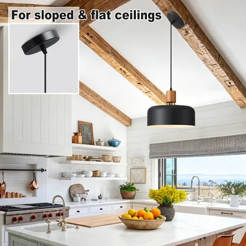 Vista 5 de Lámpara colgante moderna negra sobre isla de cocina, iluminación colgante industrial, lámpara colgante de techo de madera ajustable para comedor